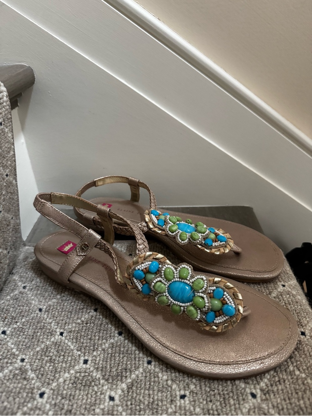 Elaine Turner Beaded Metallic Taupe Women’s T-Strap Sandals